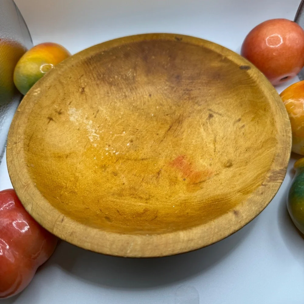 Wooden Dough Bowl with Alabaster Stone Fruit Still Life Farmhouse‎ Decor